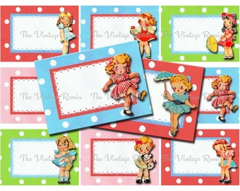 DIREKT NEDLADDNING, Utskrivbara digitala ATC-anteckningskort, Vintageflickor, Namnetiketter, Placeringskort, Etiketter, Etiketter
