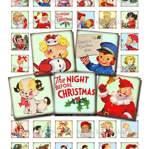 May include: A digital collage sheet with 25 vintage Christmas images. The images feature children, animals, Santa Claus, angels, and holiday decorations. The images are in a variety of colors, including red, green, blue, and white. The images are perfect for scrapbooking, card making, and other craft projects.