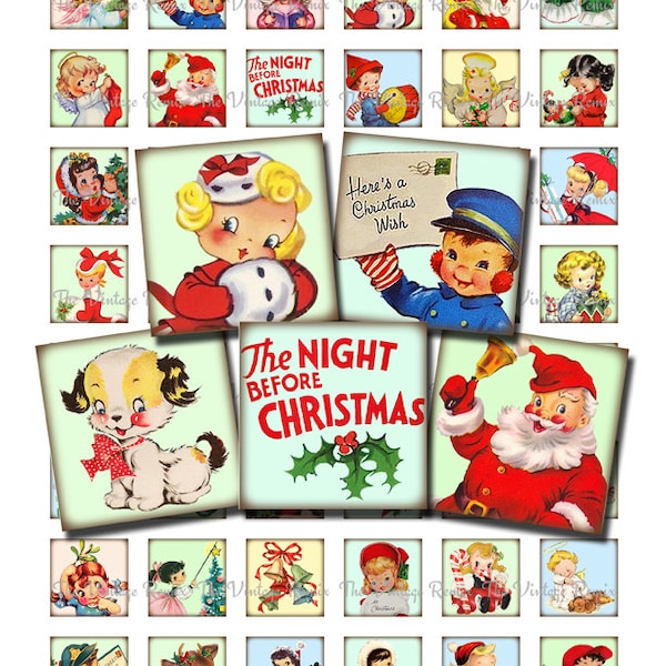 INSTANT DOWNLOAD Christmas 1x1 inch Square Images, Printable Digital Collage Sheet, Retro Vintage Graphics for Charms, Scrabble Tiles, Seals