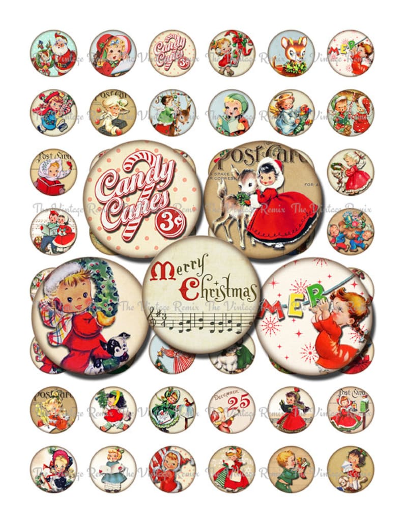 Printable Christmas 1 Inch Round Circles, Digital Collage Sheet, Instant Download, Vintage Images for bottlecaps, stickers, seals, pendants. image 1