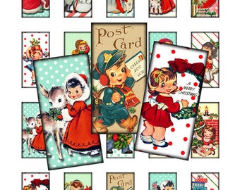 INSTANT DOWNLOAD, Digital Collage Sheet, Printable Christmas Tags, 1x2 inch Domino sized Retro Vintage Kid image