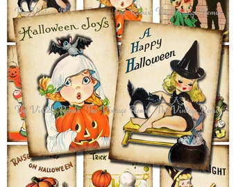 Digital Collage Sheet, Retro Halloween, Instant Download, Altered Art Printable, Vintage Style atc, aceo