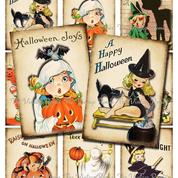 Digital Collage Sheet, Retro Halloween, Instant Download, Altered Art Printable, Vintage Style atc, aceo