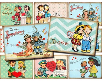 INSTANT DOWNLOAD, Printable Valentines, Digital collage sheet of retro, vintage couples for tags, cards, scrapbooking and more, atc aceo