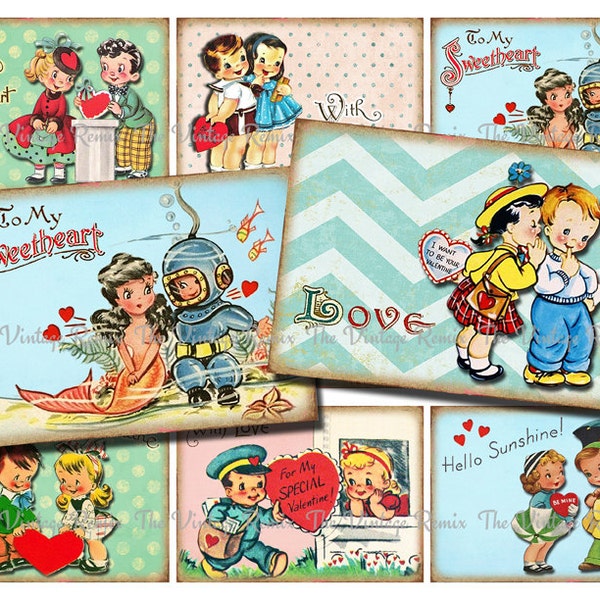 INSTANT DOWNLOAD, Printable Valentines, Digital collage sheet of retro, vintage couples for tags, cards, scrapbooking and more, atc aceo