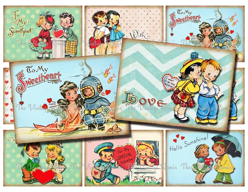 INSTANT DOWNLOAD, Printable Valentines, Digital collage sheet of retr…