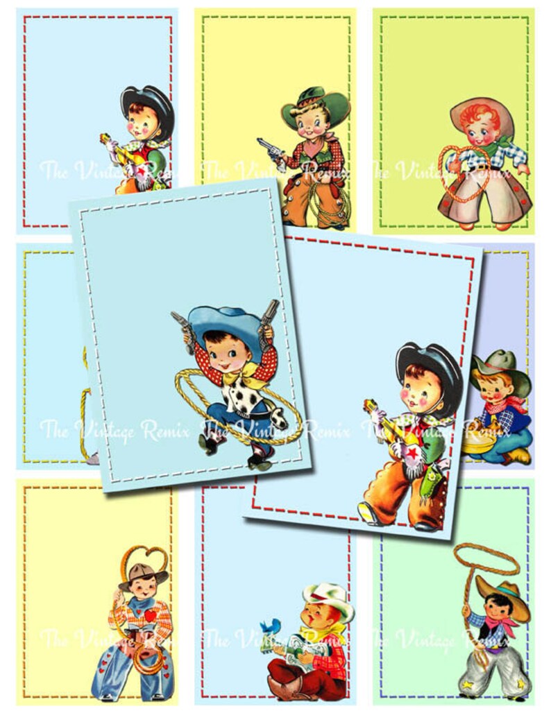 INSTANT DOWNLOAD, Retro Vintage Cowboys Printable Labels, Digital Collage Sheet, for Gift tags, Name tags, Place card, atc aceo image 1