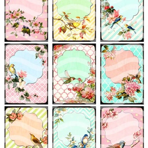 INSTANT DOWNLOAD, Digital Collage Sheet, Retro Vintage Birds and Flowers, Printables for Labels, Price Tags, Name Tags, Jewelry Holders image 2