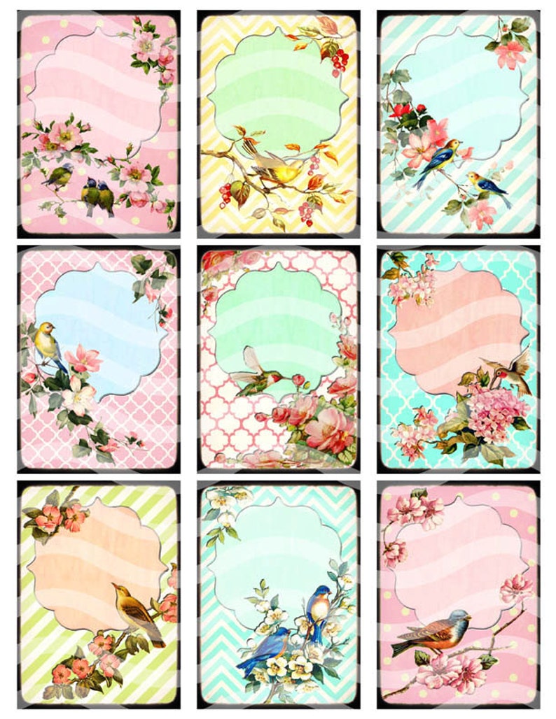 INSTANT DOWNLOAD, Digital Collage Sheet, Retro Vintage Birds and Flowers, Printables for Labels, Price Tags, Name Tags, Jewelry Holders image 2