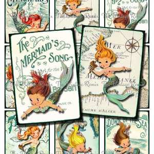 Meerjungfrauen, druckbare digitale Collage Blatt, Instant Download, Retro Vintage Bilder für Paper Crafts, Satz von 9, 2.5x3.5 Zoll.