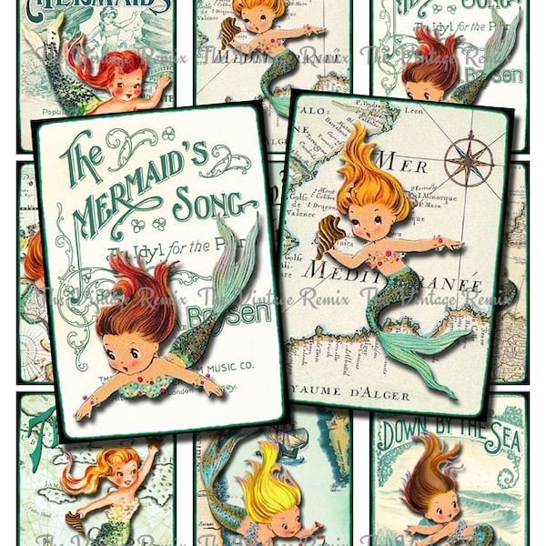 Mermaids, Printable Digital Collage Sheet, Instant Download, Retro Vintage Images for Paper Crafts, Set of 9, 2.5x3.5 inches.