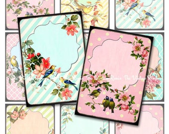 INSTANT DOWNLOAD, Digital Collage Sheet, Retro Vintage Birds and Flowers, Printables for Labels, Price Tags, Name Tags, Jewelry Holders