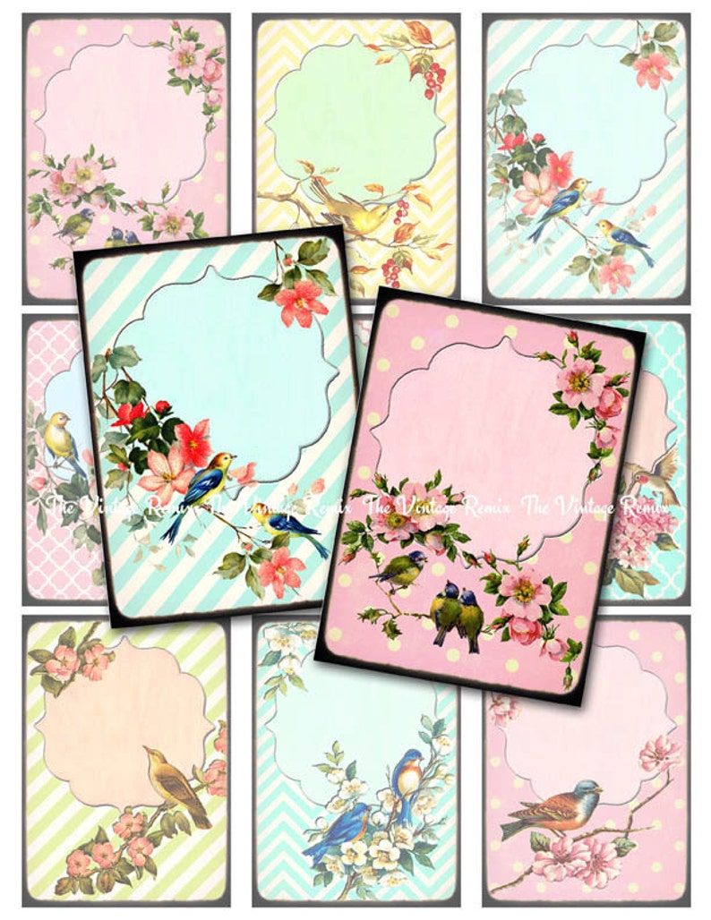 INSTANT DOWNLOAD, Digital Collage Sheet, Retro Vintage Birds and Flowers, Printables for Labels, Price Tags, Name Tags, Jewelry Holders image 1