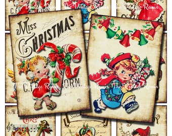 May include: A digital collage sheet with vintage Christmas images. The images feature children in red and blue clothing, holding candy canes and other Christmas decorations. The images are set against a background of old paper with music notes and handwritten text.