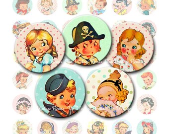 INSTANT DOWNLOAD, 1 Inch Circle Collage of Vintage Retro Kids, Printables for Bottlecap Images, Pendants, Pins, Stickers