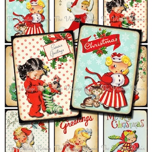 Christmas INSTANT DOWNLOAD, Printable Digital Collage Sheet, Retro Vintage Kid Images for labels, tags, scrapbooking, atc aceo image 1