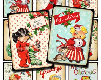 Christmas INSTANT DOWNLOAD, Printable Digital Collage Sheet, Retro Vintage Kid Images for labels, tags, scrapbooking, atc aceo