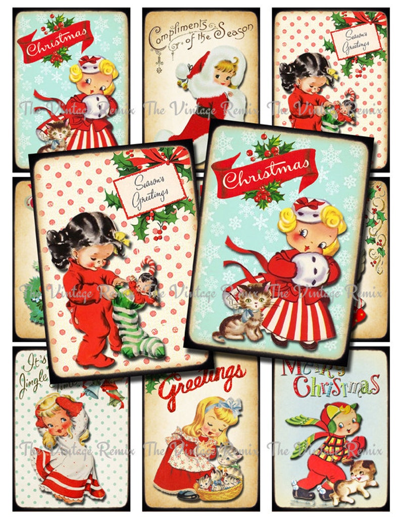 Christmas INSTANT DOWNLOAD, Printable Digital Collage Sheet, Retro Vintage Kid Images for labels, tags, scrapbooking, atc aceo image 1