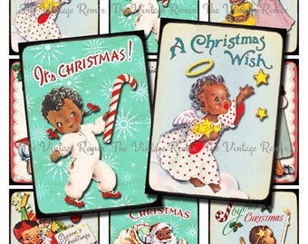 Christmas Printable of African American children, Digital Collage Sheet for printing tags, labels, cards and for scrapbooking. Set of 9.