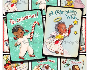 May include: A collage of nine vintage Christmas cards featuring angels, Santa Claus, and holiday greetings. The cards are decorated with snowflakes, stars, and candy canes. The text on the cards includes "A Christmas Wish", "It's Christmas!" and "Hello Angel!"