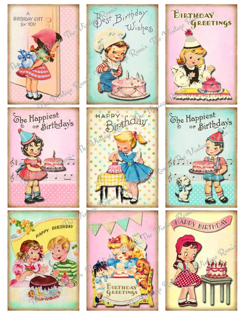 May include: Nine vintage birthday cards featuring illustrations of children with cakes and birthday greetings. The cards are in a collage format with a pink, blue, and yellow color scheme.