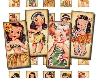 Hula Girl Clip Art, Collage Digital para imprimir hoja de Vintage, Kitsch niñas Hawaianas, Domino-tamaño de 1 x 2 pulgadas.