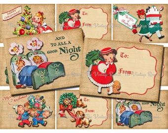 Può includere: Nove etichette regalo vintage di Natale con illustrazioni di bambini, un albero di Natale e un cane. Le etichette hanno uno sfondo marrone con linee bianche e sono decorate con accenti rossi, verdi e bianchi. Il testo sulle etichette include "Buon Natale", "E a tutti una buona notte" e "Per te a Natale".