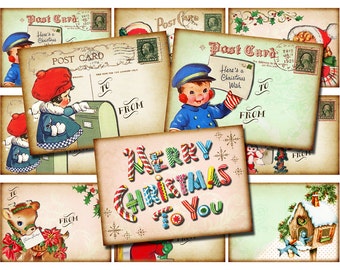 INSTANT DOWNLOAD, Printable Christmas Gift Tags, DIY Labels, Digital Collage Sheet of Retro Vintage Holiday Postcard Images, atc aceo