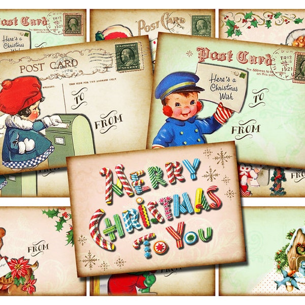 INSTANT DOWNLOAD, Printable Christmas Gift Tags, DIY Labels, Digital Collage Sheet of Retro Vintage Holiday Postcard Images, atc aceo