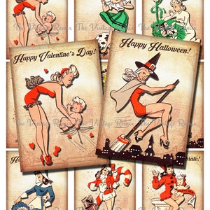 INSTANT DOWNLOAD, Printable Digital Collage Sheet of Retro Pin Up Holiday Girls, 9 images (2.5x3.5 inches each)