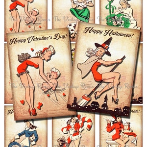 INSTANT DOWNLOAD, Printable Digital Collage Sheet of Retro Pin Up Holiday Girls, 9 images 2.5x3.5 inches each image 1