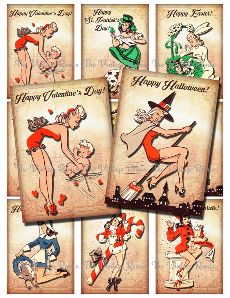 INSTANT DOWNLOAD, Printable Digital Collage Sheet of Retro Pin Up Holiday Girls, 9 images 2.5x3.5 inches each image 1