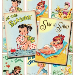 May include: Nine vintage illustrations of children enjoying summer activities at the beach. The illustrations feature children swimming, playing in the sand, and riding inflatable toys. The illustrations are in a retro style with bright colors and simple lines.