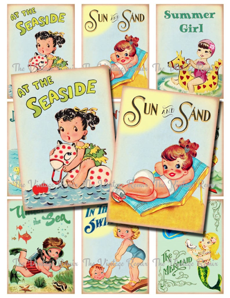 May include: Nine vintage illustrations of children enjoying summer activities at the beach. The illustrations feature children swimming, playing in the sand, and riding inflatable toys. The illustrations are in a retro style with bright colors and simple lines.