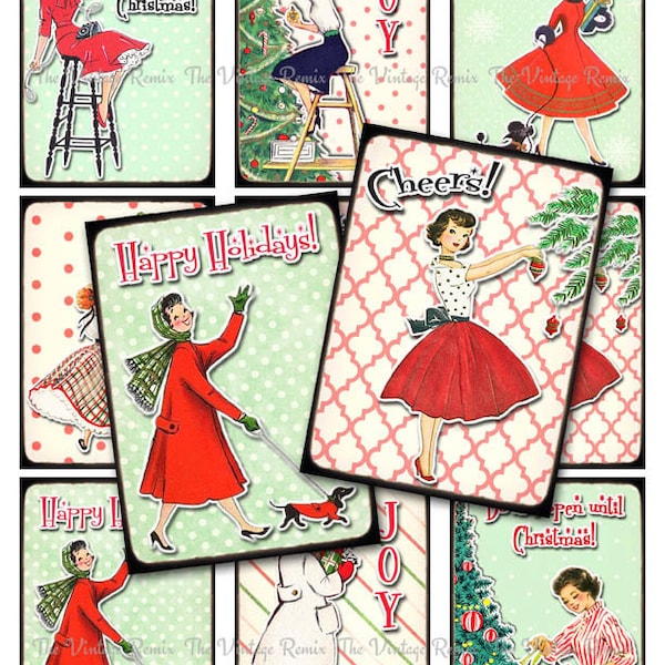 Instant Download, cyfrowy kolaż arkusza, retro Christmas Tagi, etykiety do druku, wakacje, Vintage pin up, gospodyni dziewczyny, ATC ACEO