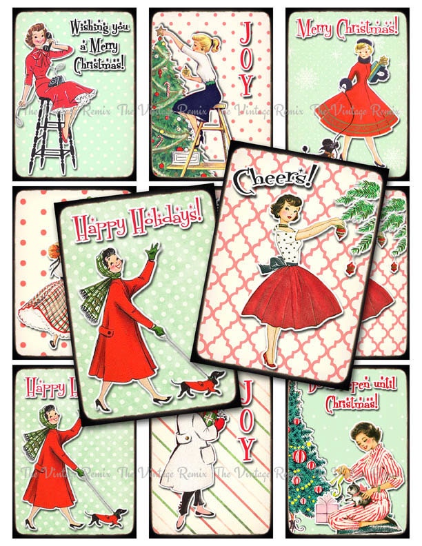 INSTANT DOWNLOAD, Digital Collage Sheet, Retro Christmas Tags, Printa…