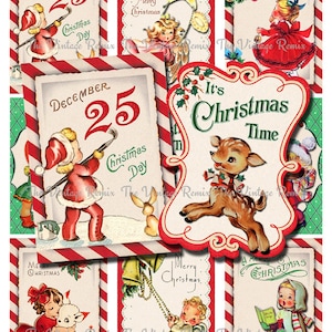 DIRECT downloaden, afdrukbare Christmas Tags, digitale Collage blad, Retro Vintage vakantie etiketten, atc, aceo