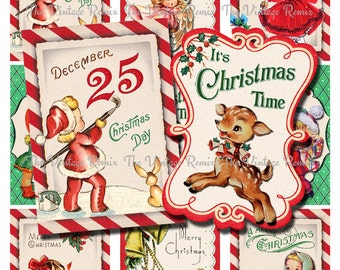 INSTANT DOWNLOAD, Printable Christmas Tags, Digital Collage Sheet, Retro Vintage Holiday Labels, atc, aceo