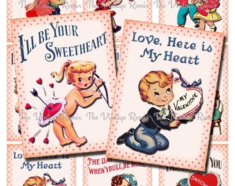 May include: Nine vintage Valentine's Day cards featuring illustrations of children with hearts and romantic messages. The cards have a pink background with white polka dots.