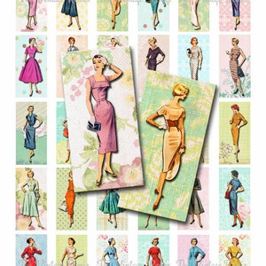 INSTANT DOWNLOAD, Digital Collage Sheet, 1 x 2 inch Domino Size, Retro Vintage Fashion Illustrations