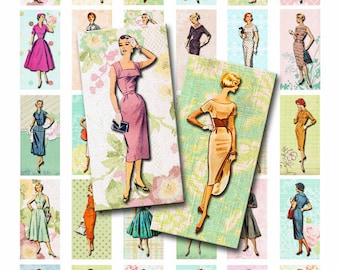 DESCARGA INSTANTE, Hoja de Collage Digital, 1 x 2 pulgadas de tamaño Dominó, Ilustraciones de moda vintage retro
