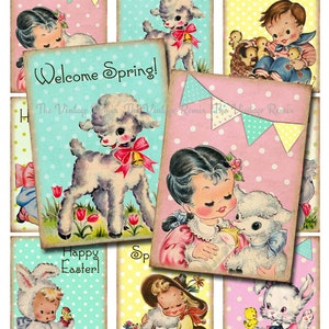 Puede incluir: Nueve tarjetas imprimibles de estilo vintage con ilustraciones de niños y corderos. Las tarjetas tienen una gama de colores pastel con fondos rosa, azul y amarillo. El texto en las tarjetas incluye "¡Bienvenido Primavera!" y "¡Alegría de Pascua!"