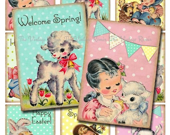 INSTANT DOWNLOAD, Easter Printable, Digital Collage Sheet of Retro Vintage Kids, ATC sized tags, labels, scrapbooking