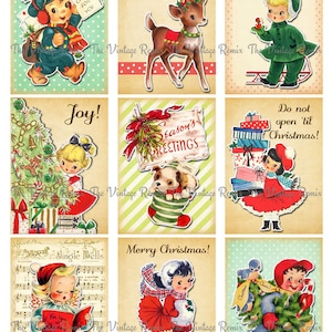 May include: Nine vintage Christmas cards featuring illustrations of children, animals, and festive symbols. The cards have a retro aesthetic and include text such as "Happy Holidays!" and "Joy!"
