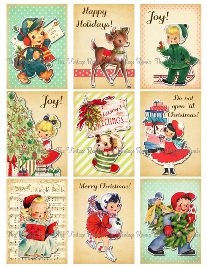 May include: Nine vintage Christmas cards featuring illustrations of children, animals, and festive symbols. The cards have a retro aesthetic and include text such as "Happy Holidays!" and "Joy!"