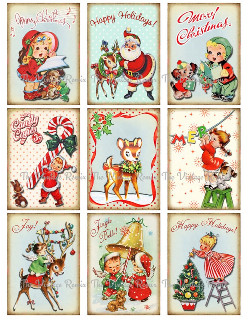 DIREKT NEDLADDNING, Utskrivbara juletiketter, Digitalt collageark, Retro Vintage DIY-presentetiketter, Etiketter, aceo atc bild 2