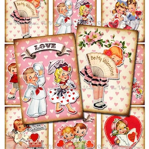 DIRECT downloaden, Printable, digitale Collage blad, Valentijnsdag Retro Vintage Kids, DIY kaarten, Tags, Scrapbooking, atc aceo