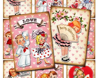 INSTANT DOWNLOAD, Printable, Digital Collage Sheet, Valentine's Day Retro Vintage Kids, DIY Cards, Tags, Scrapbooking, atc aceo