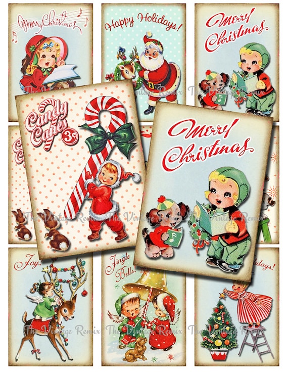 INSTANT DOWNLOAD, Printable Christmas Tags, Digital Collage Sheet, Retro Vintage DIY Gift Tags, Labels, aceo atc