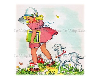 INSTANT DOWNLOAD, Digital Vintage Illustration, Mary Had a Little Lamb, png and jpeg Printable Files, Clip Art